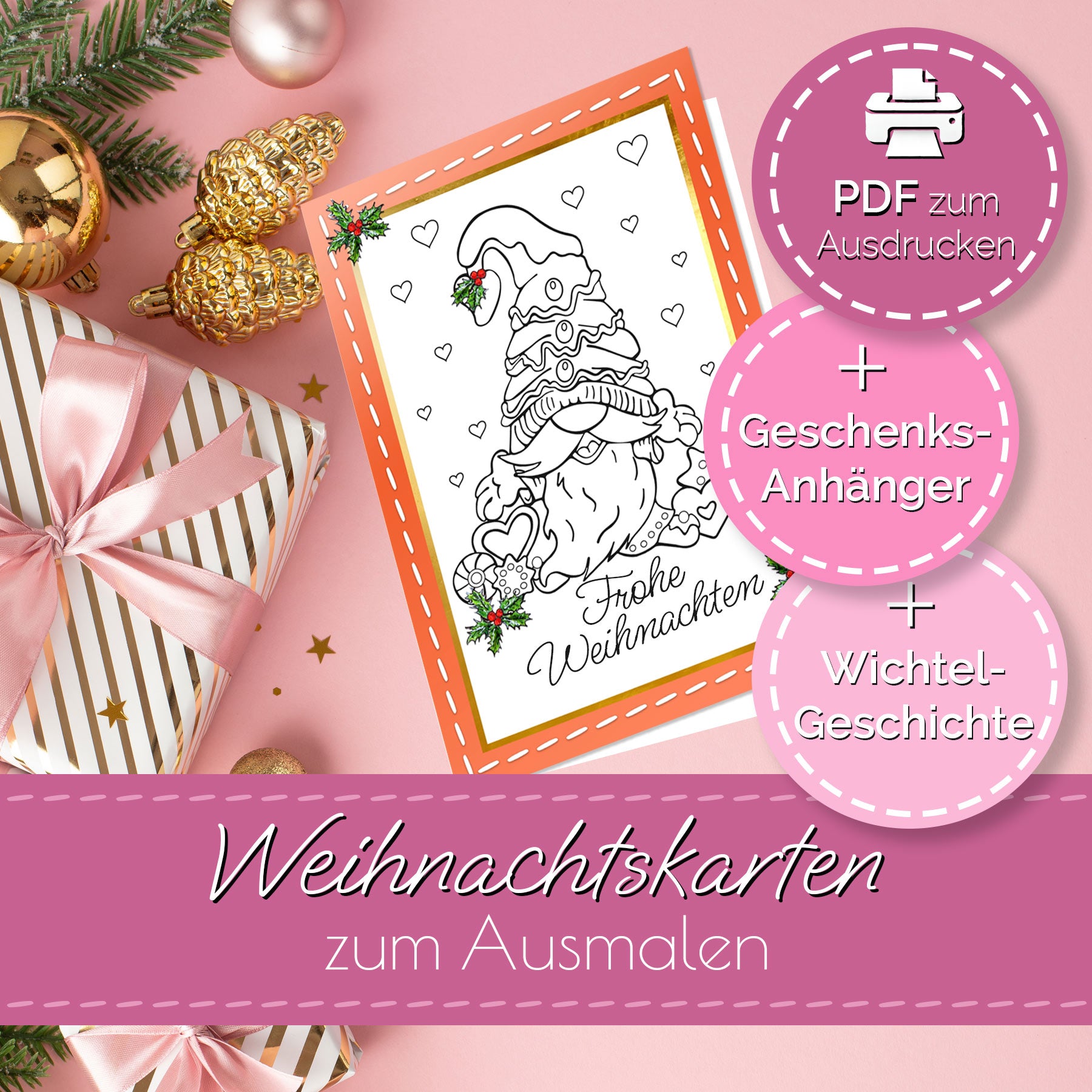 Bald bei uns: Wichtel-Weihnachtskarten zum Ausmalen + Geschichte + Geschenksanhänger